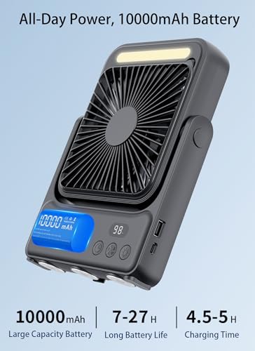 Magnetic Cruise Approved Fan with Night Light, 10000mAh Ultra-Slim Travel Fan, 4-Speed, Hook Design, Portable Fan for Crui...