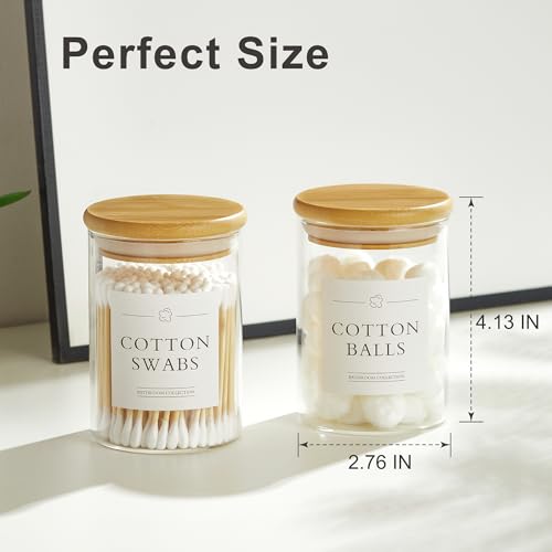 INIUNIK 2 Pack Qtip Holder Dispenser - Glass Apothecary Jars with Lids, Cotton Ball Pad Swab Round Holder, Bamboo Bathroom...