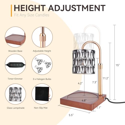 TOACSUCP Candle Warmer Lamp with 3 Bulbs, Adjustable Height Dimmable Candle Warmer with Timer, Compatible with Large Jar C...