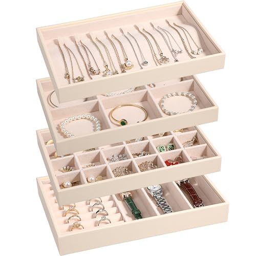 LANDICI Stackable Jewelry Organizer Trays 4 Set,PU Leather Jewelry Organizer Drawer,Jewelry Storage Display Tray for Earri...
