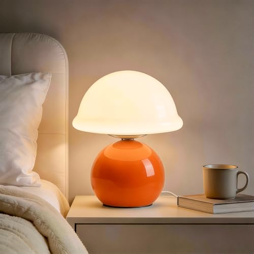 Komothala Mushroom Table Lamp for Bedroom, Cozy Bedside Lamp with Glass Shade, Stepless Dimmable Nightstand Lamp for Relax...