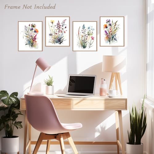 Dazzlewall 4 pcs Watercolour Wall Art Print, Colourful Floral Botanical Artwork Print, Minimalist Wall Decor for Bedroom L...