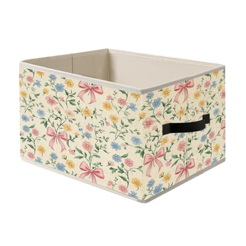 FITIE Coquette Pink Bow Floral Storage Bin Box with Handles, Rustic Colorful Flower Botanical Foldable Organizer Basket To...
