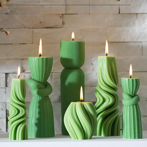 Threlaco 6 Pcs Ribbed Pillar Candles Modern Aesthetic Ribbed Decorative Candle Set Cute Soy Wax Scented Decor for Home(Green)