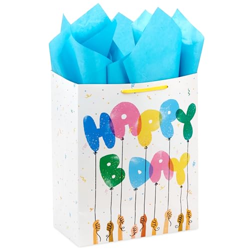 Hallmark 13" Large Gift Bag with Tissue Paper and Card (Happy Bday Balloons) for Kids, Grandchildren, Friend, Coworkers