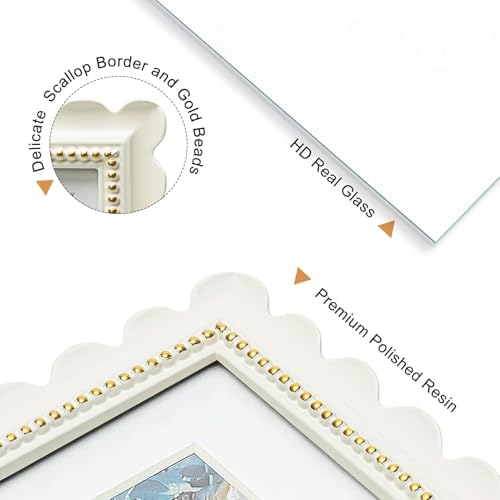 Wontree Wavy 5x7 Picture Frame White with Gold Beaded Trim, Resin Frame with Real Glass, Display 5x7 Photos Matted to 4x6,...