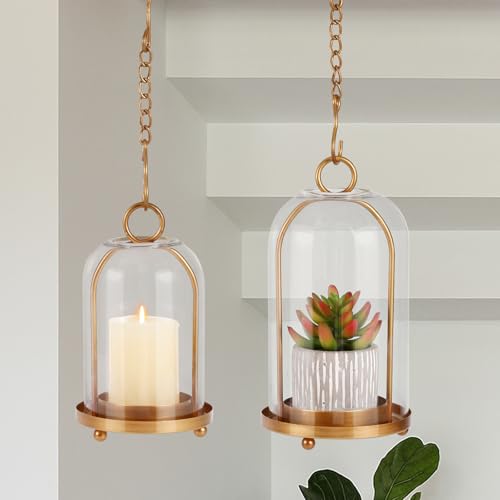 Vintage Brass Metal Candle Lantern with Thick Glass Dome – Set of 2 Shabby Chic Style Candle Holders (5.25"x10" & 4.5"x7.8...