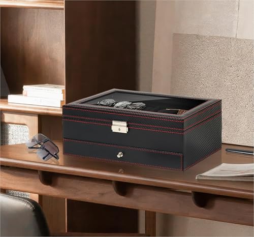 Kukikan Watch Jewelry Box Organizer, 6-Slot 2-Layer Watch Case and Sunglasses Storage with Large Glass Lid, Men's Jewelry ...