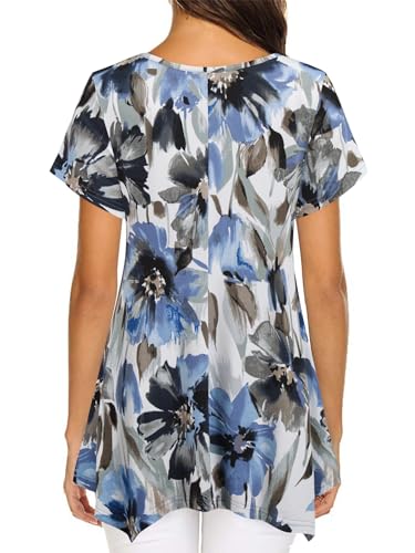 Nandashe Women Short Sleeves Tunic Shirts Casual Scoop Neck Floral Irregular Hem Blouses Tops