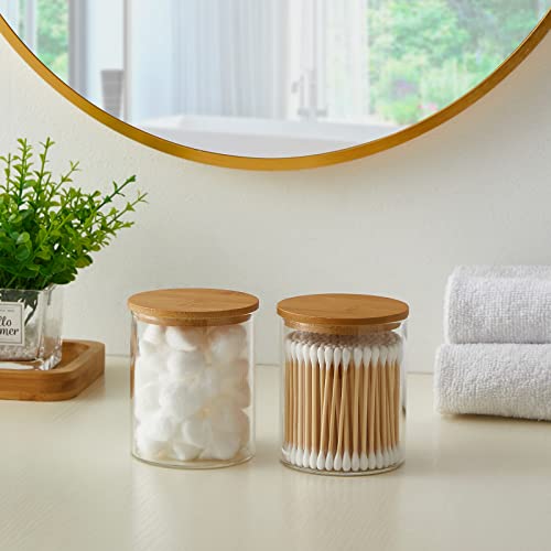 INIUNIK Glass Qtip Holder Dispenser with Bamboo Lid - 2 Pack Apothecary Jars - Cotton Balls Pads Swabs Holder Jar - Bathro...