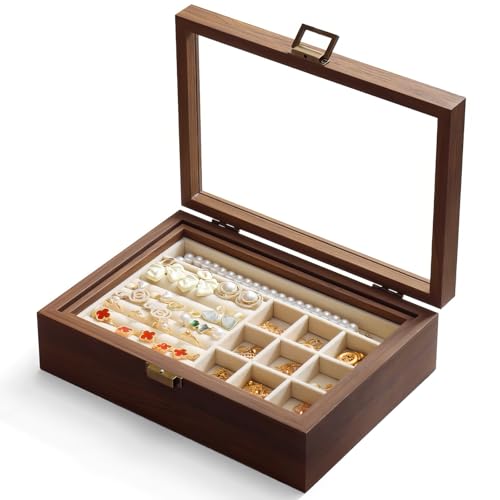 QINGTUHOME 2-Layer Glass Lid Walnut Jewelry Box for Women, Vintage Style Solid Wood Jewelry Organizer and Display Case, Id...