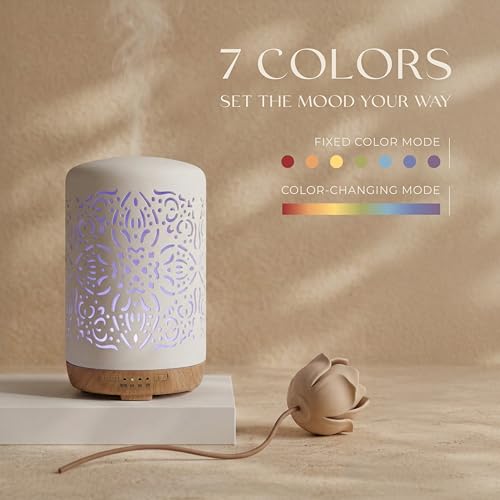 Earnest Living Essential Oil Diffuser White Ceramic Diffuser 250 ml Timers Night Lights and Auto Off Function Home Office ...