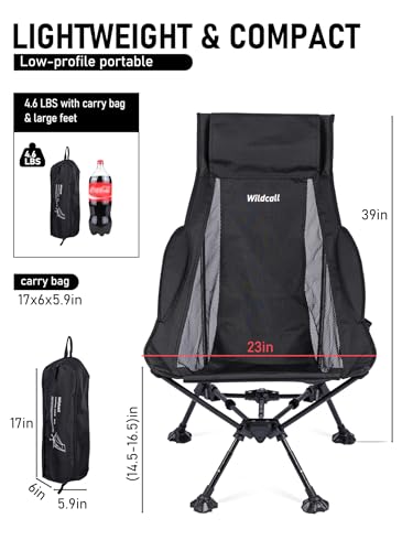 WildCall Lightweight Folding High Back Camping Chair with Head Support, Compact Beach Chair with Anti-Sinking Large Feet a...