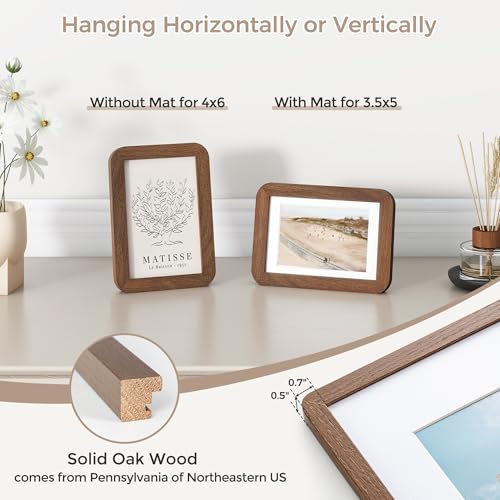 FLYJOE 4x6 Solid Oak Wood Picture Frame | 4x6 With Mat For 3.5x5 | Plexiglas Hanging Hardware Included | Walnut, 1 Pack