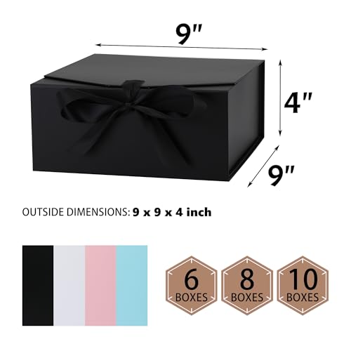 OEMVALATY 6-Pack Gift Boxes,9x9x4 Inch Magnetic Gift Boxes with Lids for Presents,Black with Ribbon, Bridesmaid Proposal B...