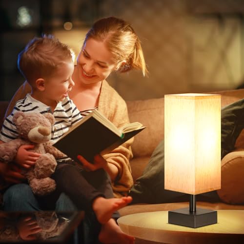 Small Table Lamp for Bedroom - Bedside Lamps for Nightstand, Minimalist Night Stand Light Lamp with Square Fabric Shade, D...