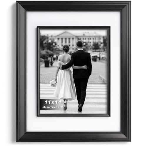 Yaetm 11x14 Black Picture Frame with Decorative Inner Frame & Tempered Glass, Display 8x10 Photos with Mat on Wall - Portr...