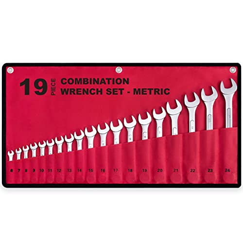 19-Piece Complete Metric Combination Wrench Set in Roll-up Pouch, No Skipped Metric Sizes 6mm - 24mm | Best Value Wrench S...