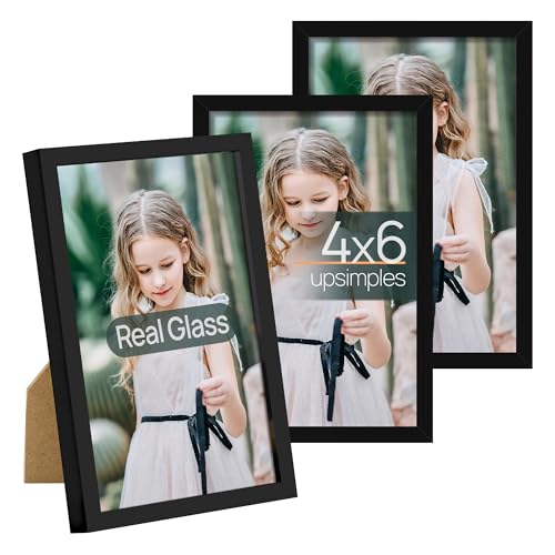 upsimples 4x6 Picture Frame Set of 3, Made of High Definition Glass for 4 x 6, Wall and Tabletop Display Thin Border Photo...