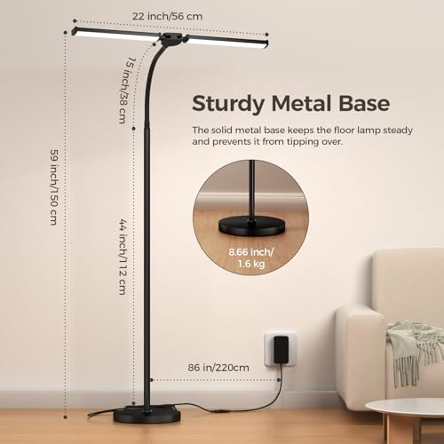 LED Floor Lamp for Living Room, Bright Reading Lamps for Office, Adjustable Colors Temperatures&Brightness, Dual Head Goos...