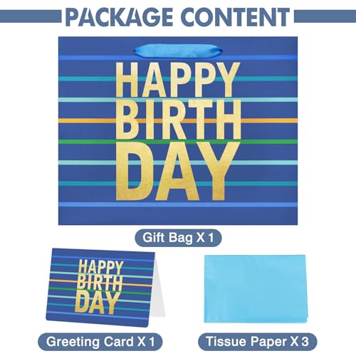 13" Large Blue Gift Bag with Tissue Paper, Card and Handles for Men's Birthday, Kids' or Baby Boy (Stripe) (Large Blue)