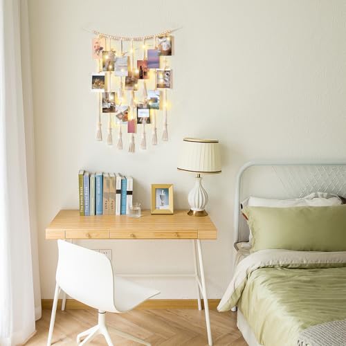 Mkono Macrame Hanging Photo Display Wall Decor with String Lights Boho Room Bedroom Wooden Beads Garland Picture Greeting ...