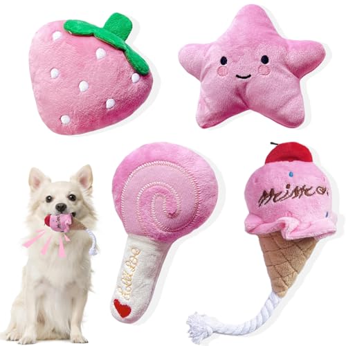 BMLTAQ Small Dog Toys, 4 Pack Pink Dog Squeak Toys, Puppy Toys for Small Dogs, Durable Plush Dog Toy Set, Soft Dog Chew To...