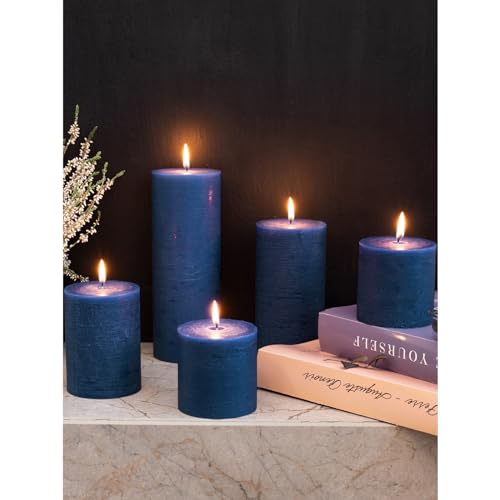 CANDWAX 3x4 inch Pillar Candles Set of 3 – Unscented Dripless Rustic Dark Blue Candles for Room Decor, Weddings, Centerpieces