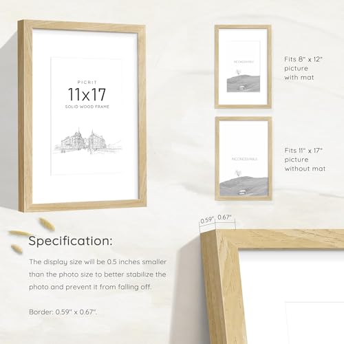 Picrit 11x17 Picture Frame Natural Wood Set of 2, Solid Wood with Black Backboard, Displays 8x12 with Mat or 11 x 17 Witho...