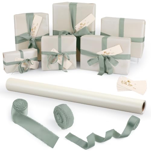Ctosree Sage Green Wedding Gift Wrap Kit 32.81ft Wrapping Paper 3 Widths Fringe Satin Ribbon 12 Kraft Tags Elegant Packagi...