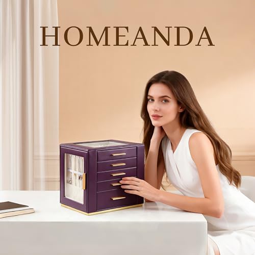 Homeanda Jewelry Box for Women with Glass Lid, 5 Drawers Jewelry Organizer and Storage for Necklaces, Rings, Earrings, Bra...