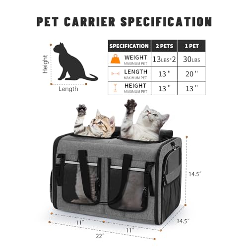 Groxkox Cat Carrier for 2 Cats, Foldable Double Cat and Dog Carrier, Small to Medium Size, 2 Front Zippered Compartments,T...