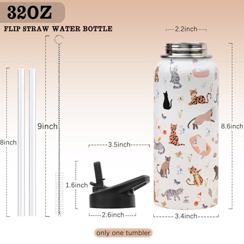 Insulated Water Bottle 32 oz, Cat Water Bottle with Straw and Lid, Reusable Leakproof Water Bottle Stainless Steel, Cat Lo...