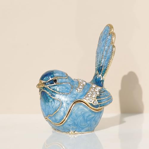 Exquisite Hand - Painted Enamel Blue Bird Trinket Box Hinged Rhinestone - Adorned Mini Jewelry Organizer for Rings & Neckl...