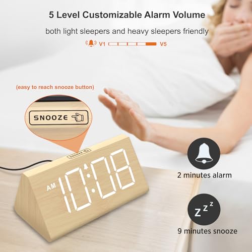 DreamSky Wooden Digital Alarm Clocks for Bedrooms - Electric Desk Clock with Large Numbers, USB Port, Loud Alarm for Heavy...