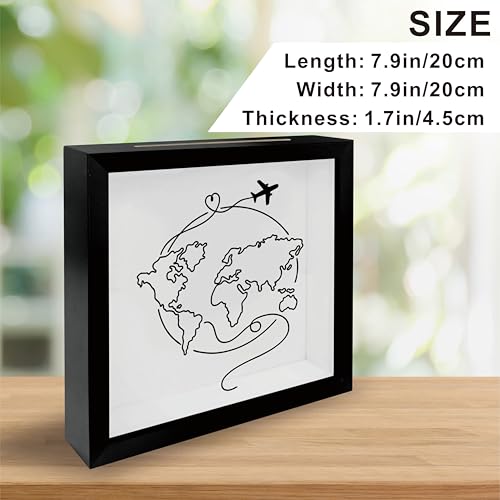 8 x 8 Inch Wooden Shadow Box Frame with Shelves Slot - Sketch Global Map Travel Theme - Money Savings Bank Ticket Saving B...