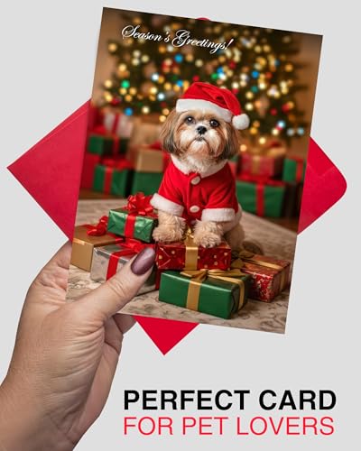 CATNEVERLAND Shih Tzu Santa Christmas Greeting Card – Dogs for Christmas Collection – 5x7” Premium Holiday Card with Red E...