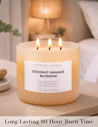 Coconut Orange Blossom Scented Candle - Large 3-Wick Aromatherapy Soy Candle, 15.8 oz - Highly Scented, Clean Burning, Lon...