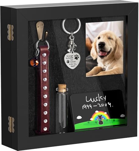 AXEFUN Pet Memorial Shadow Box for Dog or Cat, Wooden Pet Memorial Box with Collar Holder, Keepsake Bottle & Memorial Plaq...