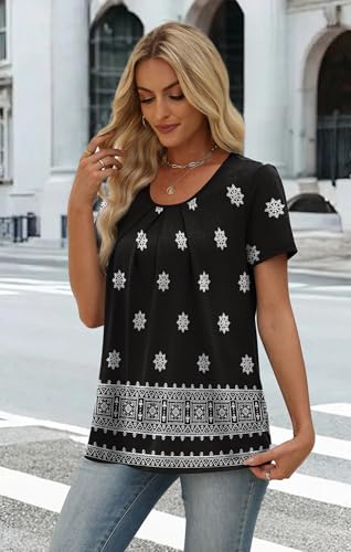WIHOLL Women T Shirts Pleated Short Sleeve Tops Business Casual Dressy Blouses