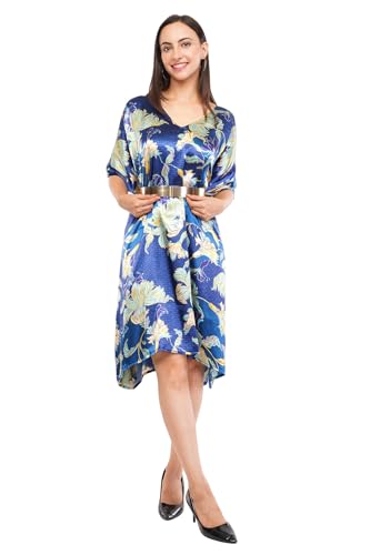 laiara lifestyle Limited Short Kaftan, Free Size, Blue Floral, Satin, Party and Evening