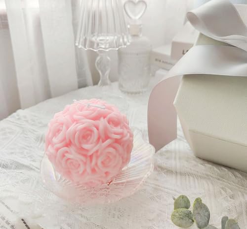 Rose Ball Shaped Aesthetic Scented Candle,380G Handmade Spherical Rose Flower Soy Wax Aroma Art Decorative Candle for Tabl...
