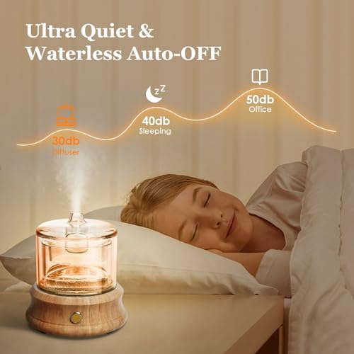 Lecdura 80ML Glass Essential Oil Diffuser with Glass Reservoir & Wood Base, Small Ultrasonic Aroma Diffusers with Auto-Off...