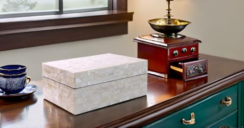PEMAR Capiz Shell Jewelry Box with Lids Rectangular Keepsake Treasure Chest, Shelf Decorative Wooden Nacre Storage Box for...