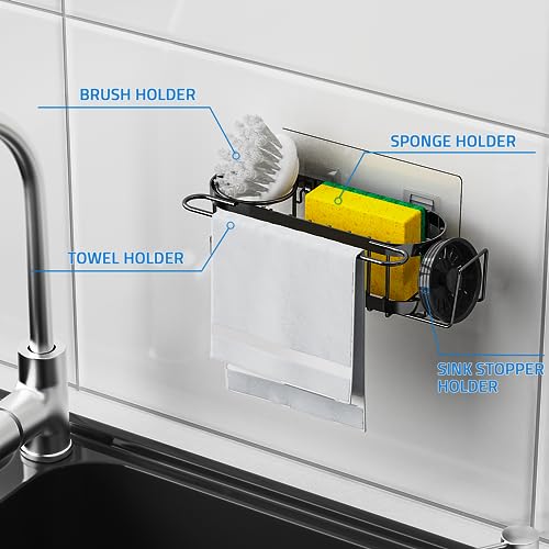 Cisily Kitchen Sink Caddy Sponge Holder in The Sink, Stainless Steel Kitchen Sink Organizer, Brush Holder, Dish Cloth Hang...