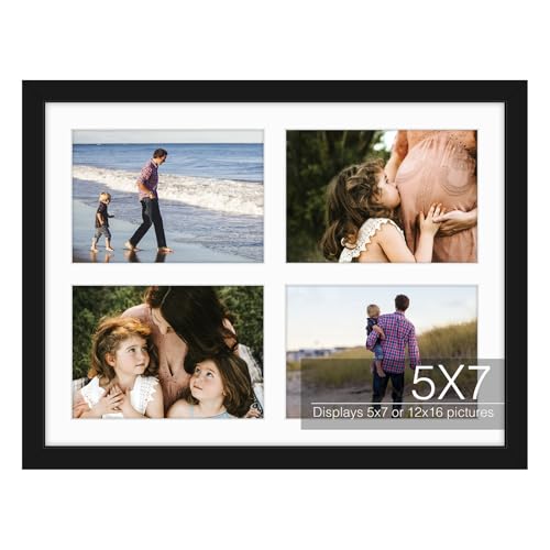 Golden State Art, 12x16 Black Wood Collage Picture Frame - Picture Frame with White Mat Displays Four 5x7 Photos - Collage...