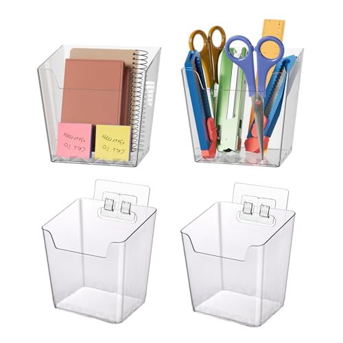 Clear Adhesive Wall Storage Bins, 4 Pack Cabinet Door Organizer Holders, Hanging Wall Mount Pockets, Plastic Cups for Show...