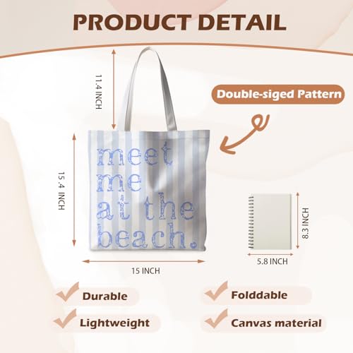 ignytiger Beach Tote Bag, Summer Canvas Striped Tote Bags for Women, Meet Me At The Beach Aesthetic Shopping Bag