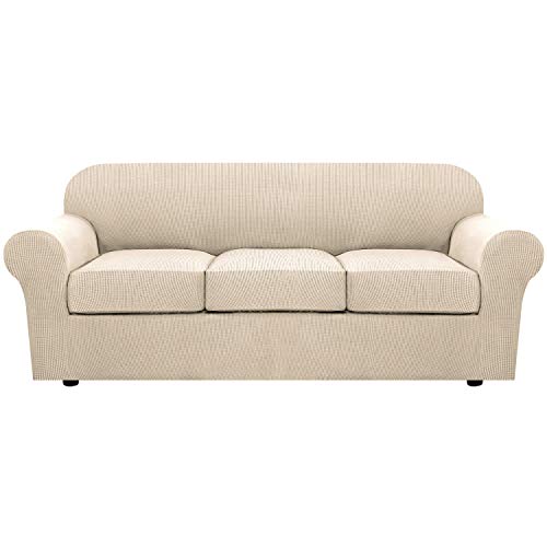H.VERSAILTEX 4 Piece Stretch Couch Covers for 3 Cushion Couch Sofa Furniture Slipcovers Feature Upgraded Thicker Jacquard ...