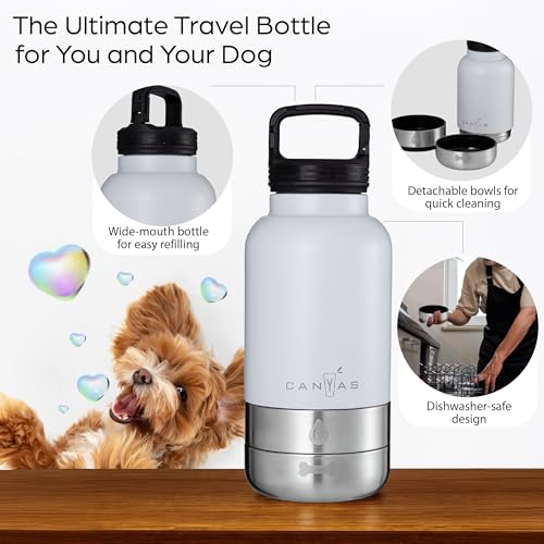 Insulated 32oz Stainless Steel Dog Water Bottle with Food & Water Bowls, Leak-Proof Pet Travel Dispenser for Dogs, Portabl...